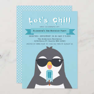 Let's Chill Cute Penguin Kids Birthday Invitation