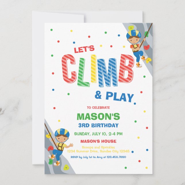Let's Climb & Play Climbing Birthday Invitation (Front)