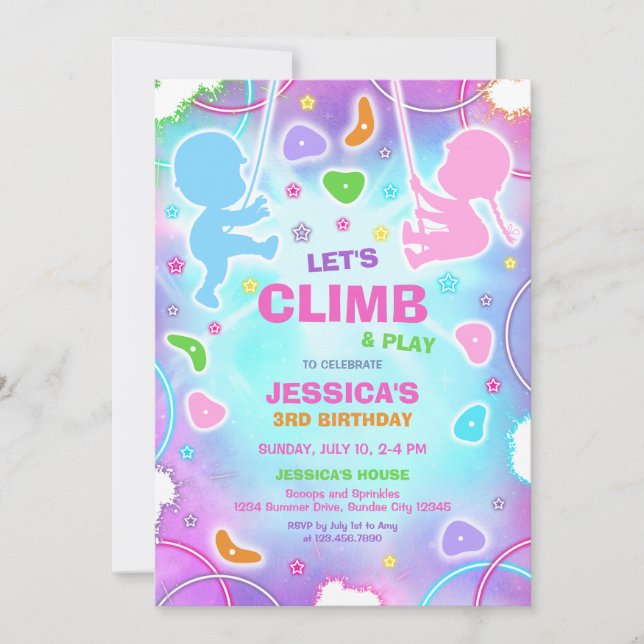 Let's Climb & Play Climbing Birthday Invitation (Front)