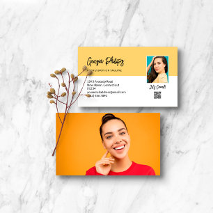 Let's Connect Soft Yellow QR Code Photo Business Card