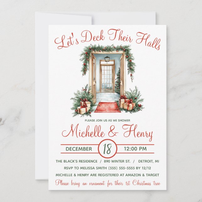 Let's Deck Their Halls, Holiday Bridal Shower Invitation (Front)