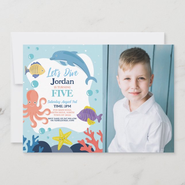Let's Dive Five 5 Ocean Dolphin Octopus Sea Photo Invitation (Front)