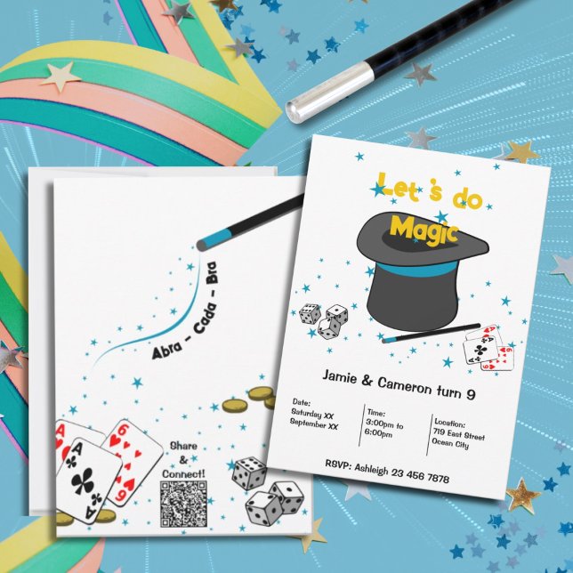 Let's do Magic Kids Joint Birthday Party Invitation (Let's do Magic Kids Joint Birthday Party Invitation, Black, White, Blue, Custom Text, Color)