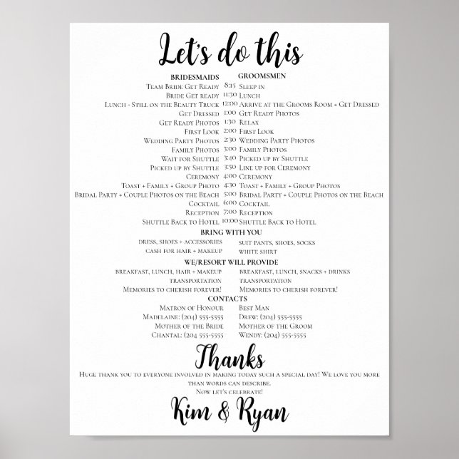 Let's Do This! - Simple Wedding Day Timeline Poster (Front)