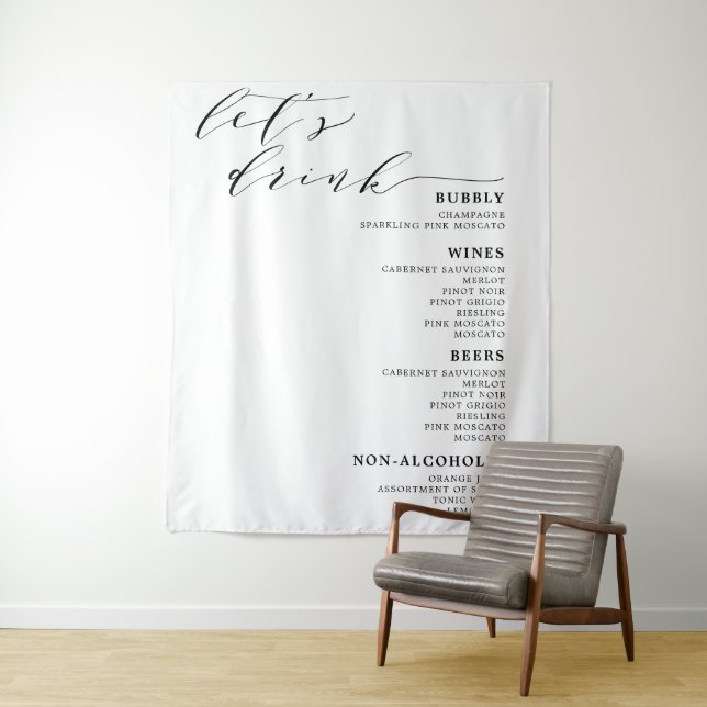 Let's Drink Black White Wedding Bar Menu Sign Tapestry (In Situ)