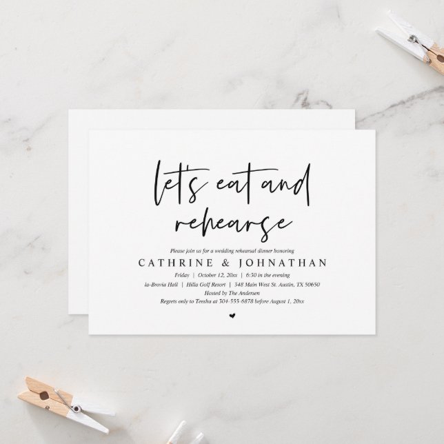 Let's eat and rehearse, Wedding Rehearsal Dinner Invitation (Front/Back In Situ)