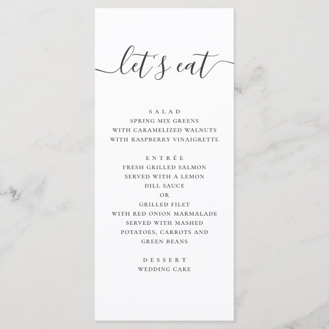 Lets eat. Black and white simple script wedding Menu (Front)