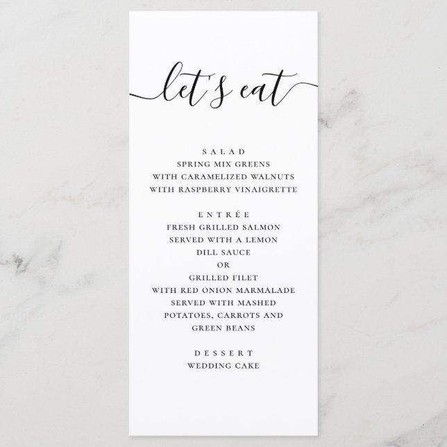 Lets eat. Black and white simple script wedding Menu (Front)