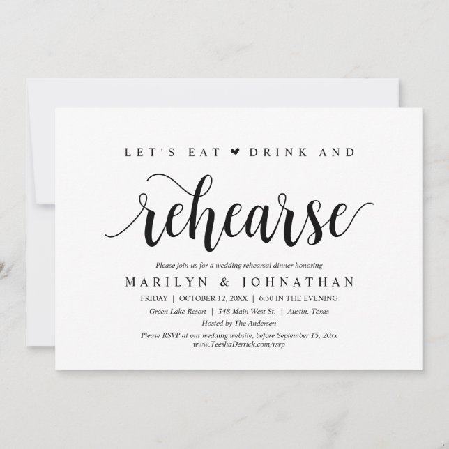 Let's Eat, Drink and Rehearse, Wedding Dinner Invitation (Front)