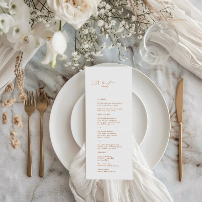 "Let's Eat" Elegant White Calligraphy Wedding Menu ("Let's Eat" Elegant White Calligraphy Wedding Menu)