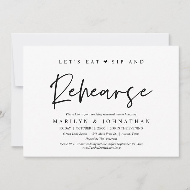 Let's Eat, Sip and Rehearse, Wedding Dinner Invitation (Front)