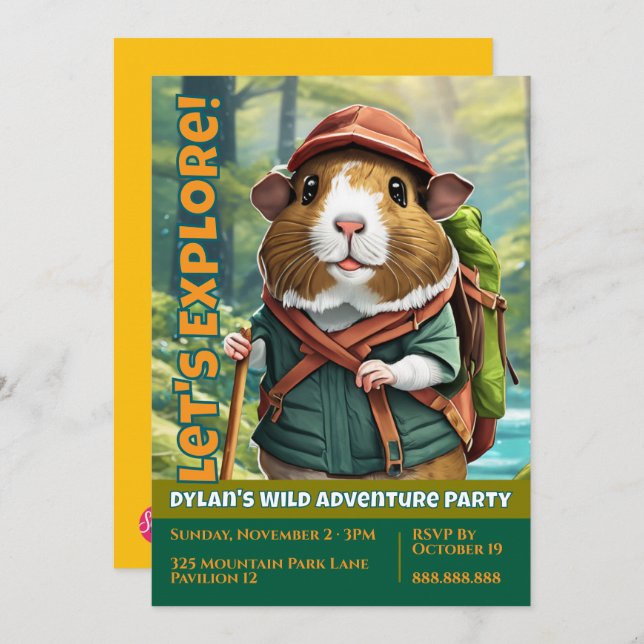 Let's Explore! Outdoor Guinea Pig Hiker Invitation (Front/Back)