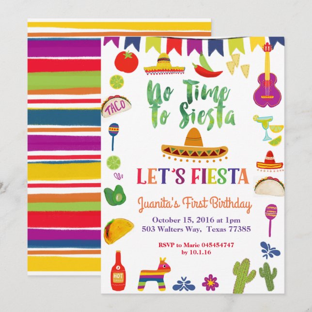 Let's Fiesta 1st birthday Invitation (Front/Back)
