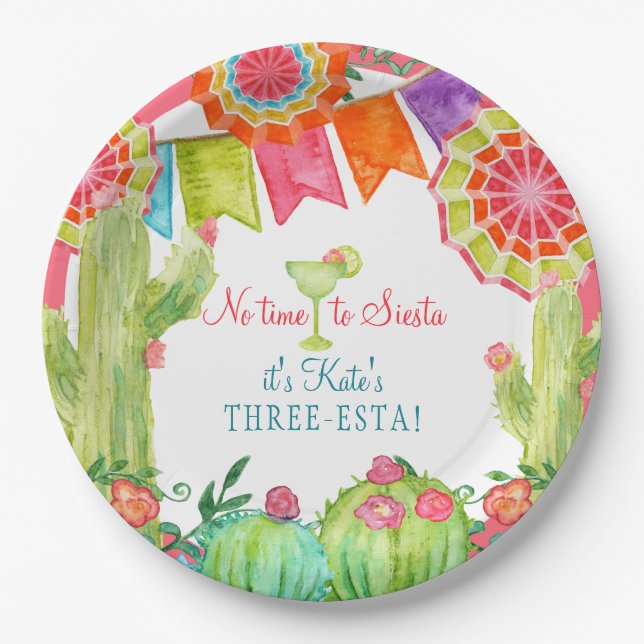 Lets Fiesta 3rd Birthday Cactus Flower w Margarita Paper Plate (Front)