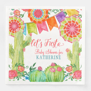 Lets Fiesta Baby Shower Watercolor Cactus Floral Napkin