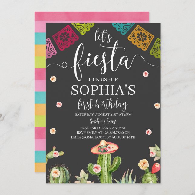 Let's Fiesta Birthday Invitation Black (Front/Back)