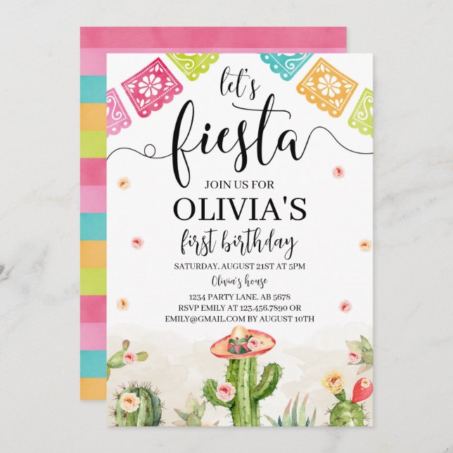 Let's Fiesta Birthday Invitation White (Front/Back)