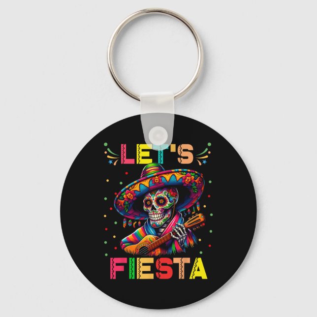 Let's Fiesta Funny Sugar Skull Playing Guitar Cinc Key Ring (Front)