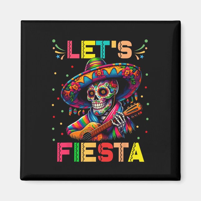Let's Fiesta Funny Sugar Skull Playing Guitar Cinc Magnet (Front)