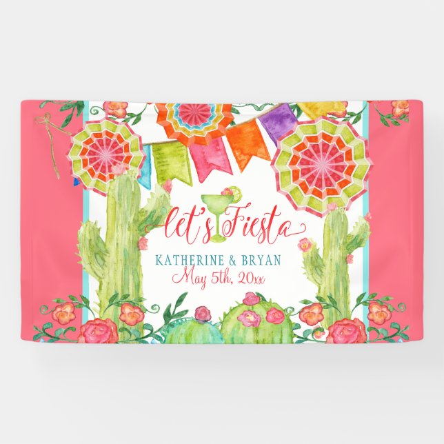 Lets Fiesta Margarita Cactus Flowers Bridal Shower Banner (Horizontal)