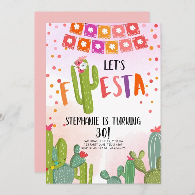 Let's Fiesta Party Mexican Cactus Adult Birthday Invitation (Front/Back)
