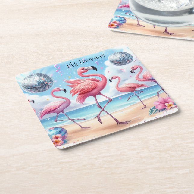 Let's Flamenco! Birthday Beach Bash  Square Paper Coaster (Angled)