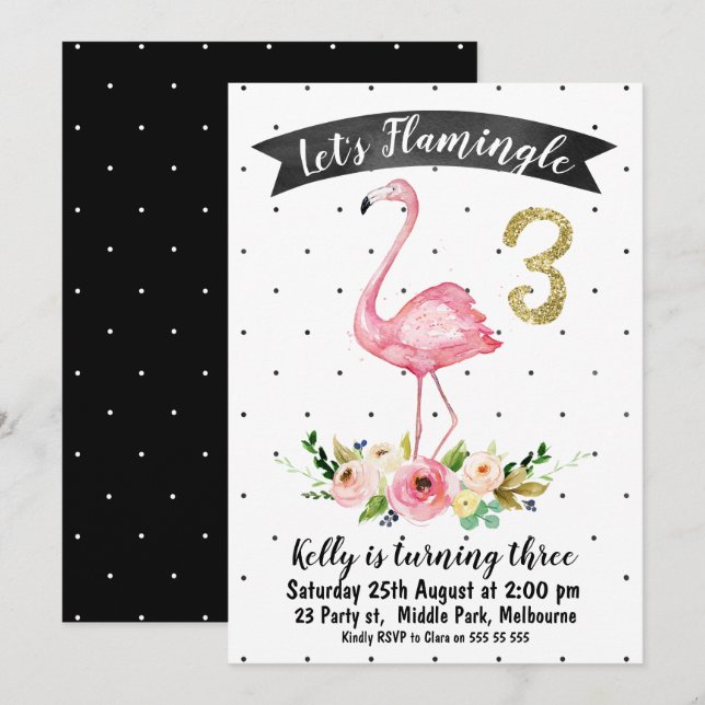 Let's flamingle 3rd Birthday Invitation For Girl (Front/Back)