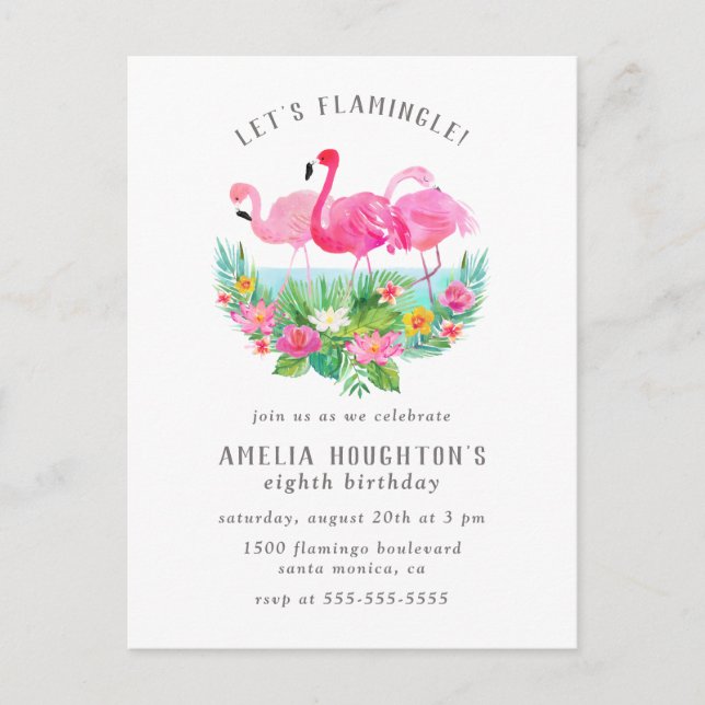 Let's Flamingle Flamingo Lagoon Birthday Party Invitation Postcard (Front)