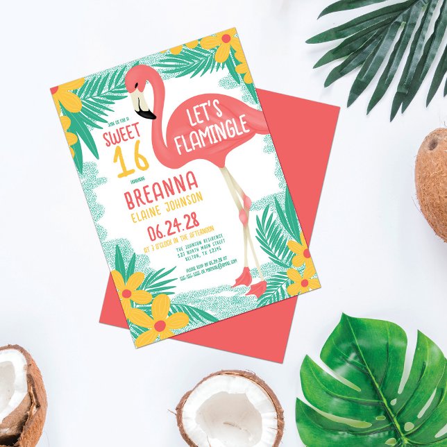 Let's Flamingle Flamingo Tropical Floral Sweet 16 Invitation (Creator Uploaded)
