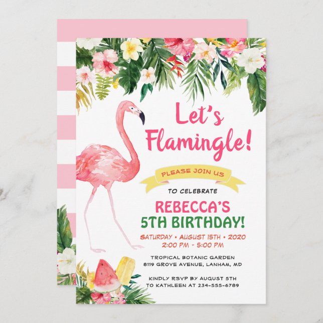 Let's Flamingle Floral Summer Kids Birthday Party Invitation (Front/Back)