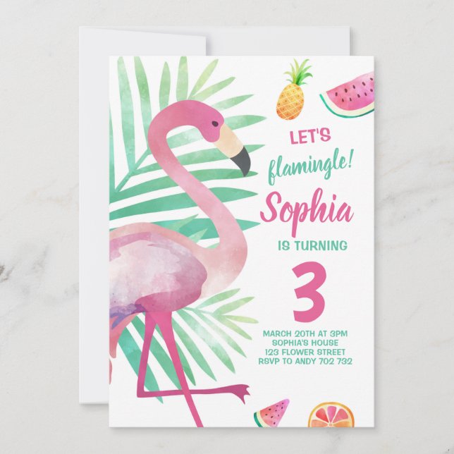 Let's Flamingle Girl Flamingo Birthday Pool Party Invitation (Front)
