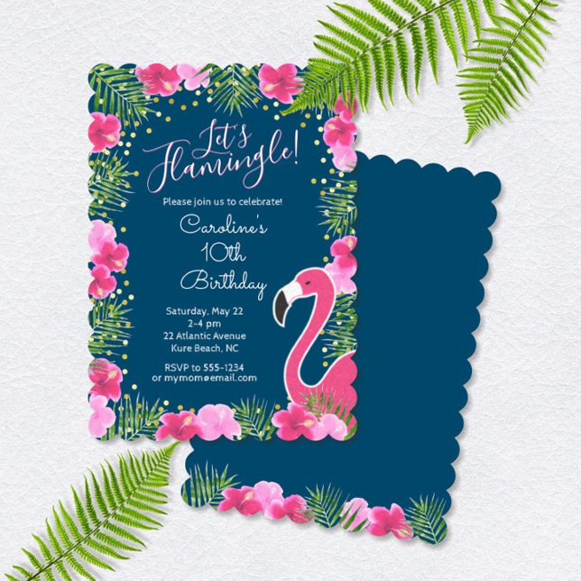 Let's Flamingle Navy Blue Tropical Floral Birthday Invitation (Creator Uploaded)