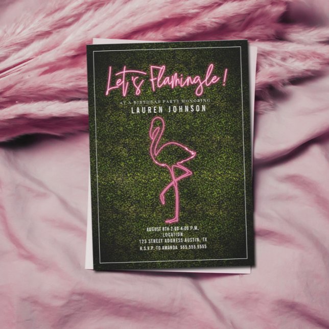 Let's Flamingle Neon Flamingo Boxwood Birthday Invitation (Creator Uploaded)