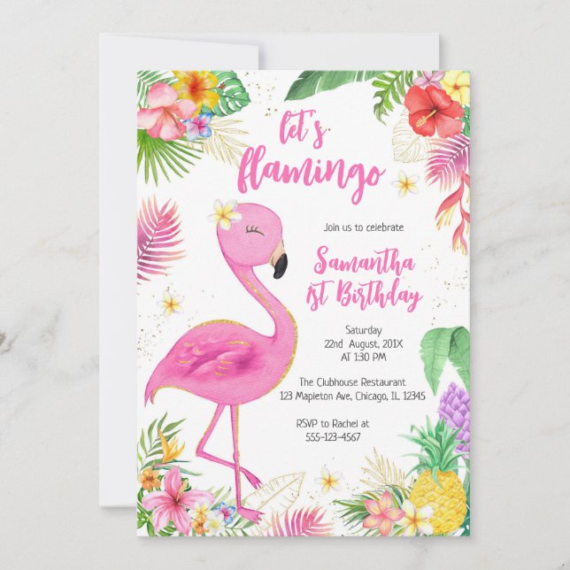 Let's Flamingle Pink Girl Tropical Birthday Invitation (Front)