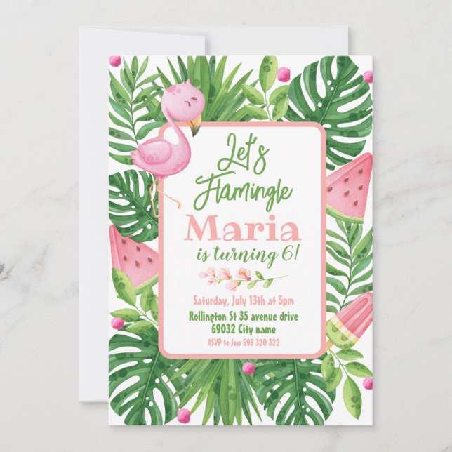 Let's Flamingle Tropical Flamingo Birthday Invitation (Front)