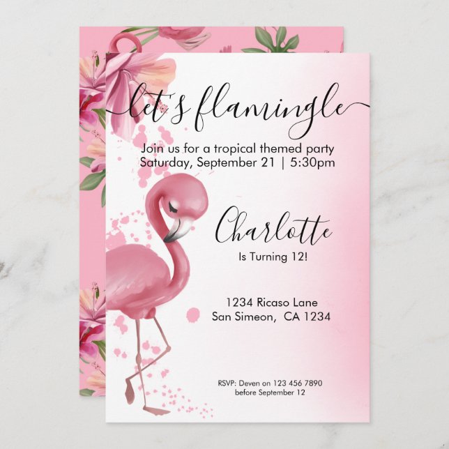 Lets Flamingle Tropical Pink Flamingo Birthday Invitation (Front/Back)