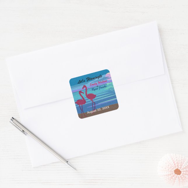 Let's Flamingle Wedding Beach at Dusk Couple Names Square Sticker (Envelope)