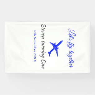 Let's fly together first birthday plane blue silve banner