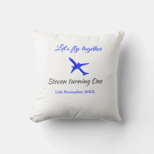 Let's fly together first birthday plane blue silve cushion