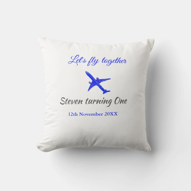 Let's fly together first birthday plane blue silve cushion (Front)