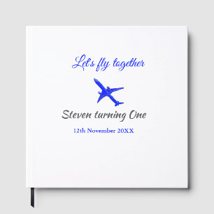 Let's fly together first birthday plane blue silve guest book