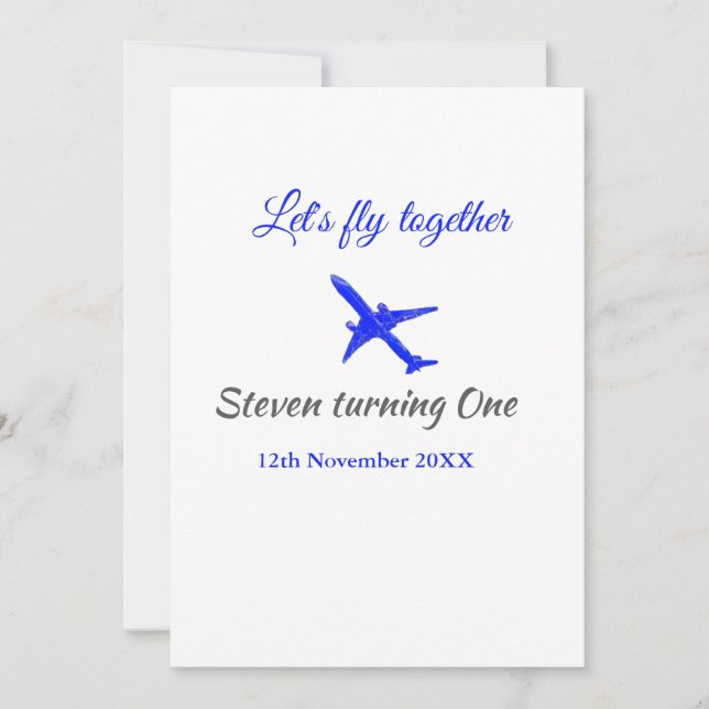 Let's fly together first birthday plane blue silve invitation (Front)