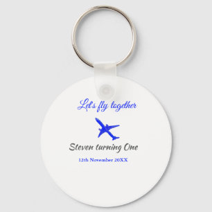 Let's fly together first birthday plane blue silve key ring