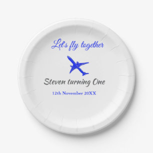 Let's fly together first birthday plane blue silve paper plate