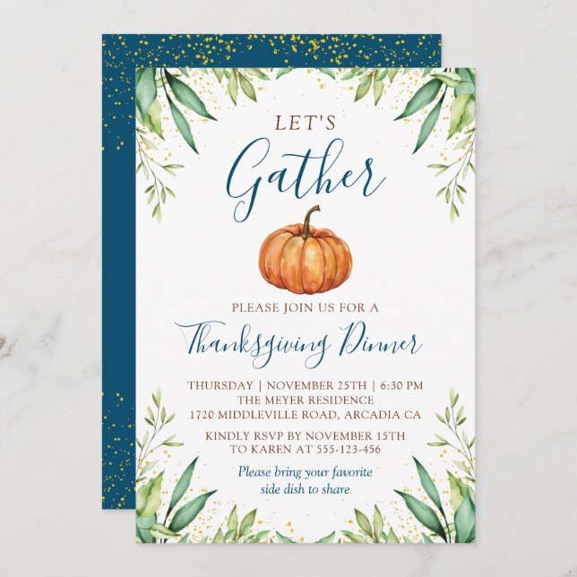 Let's Gather Autumn Pumpkin Thanksgiving Dinner Invitation (Front/Back)