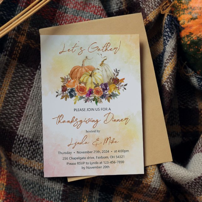 Let's Gather, Watercolor Pumpkins Thanksgiving Invitation (Creator Uploaded)