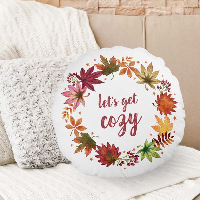 Let's Get Cosy Autumn Fall Leaves Harvest Wreath Round Cushion (Let's Get Cozy Autumn Fall Leaves Harvest Wreath Round Pillow)
