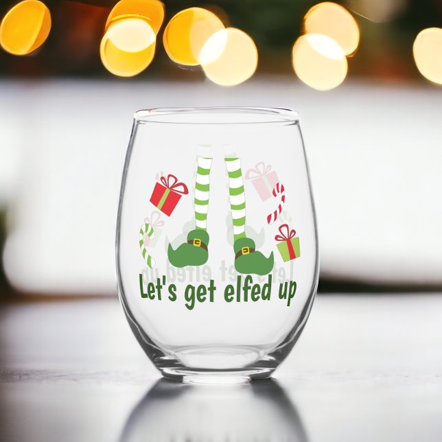 Lets Get Elfed Up Humourous Christmas Stemless Wine Glass (Lets Get Elfed Up Humorous Christmas Stemless Wine Glass from Ricaso. A fun holiday season glass)