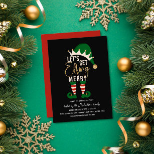 Let's Get Elfing Merry Elf Gold Glitter Christmas  Invitation