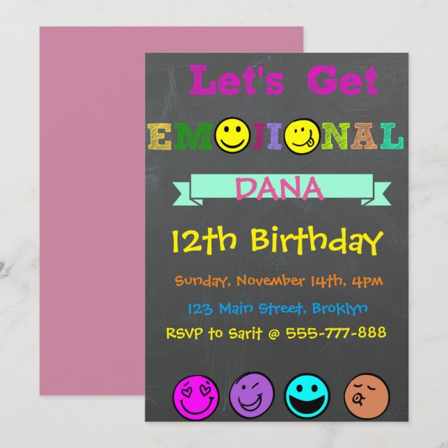 Let's Get Emojinal, Emoji Girl Birthday Invitation (Front/Back)